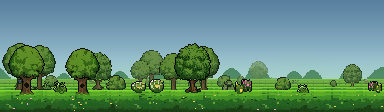 Prado Florido: árvores verdes, flores e montanhas distantes em pixel art.